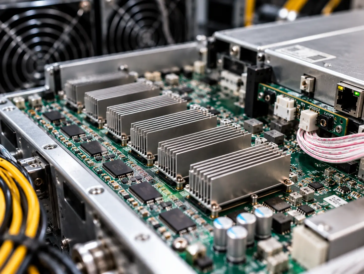 Close-up of a cryptocurrency miner circuit board