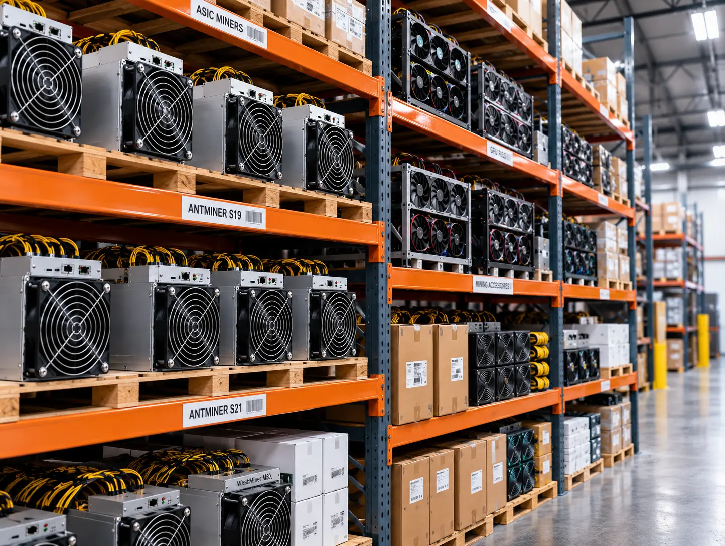 Aisle of racked cryptocurrency mining machines in the Tony Rigline Supply warehouse in Hialeah, Florida